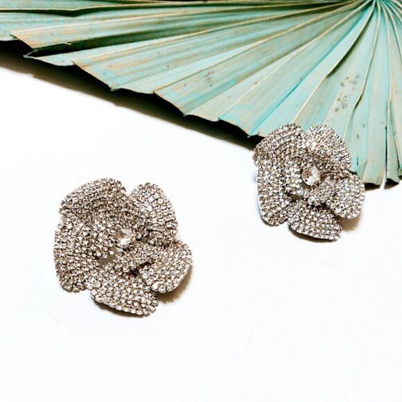 Diamond decor flower statement earrings in silver #994 - Picture 5 of 7